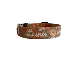 Fall Dog Collar by Duke & Fox. Embroidered Dog Collar in a rustic floral pattern with cream embroidred name and phone number. 