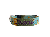 Patchwork Dog Collar with fall patterns by duke and fox. Embroidered Fall Dog Collar with sunflowers and an embroidred name in plum thread.