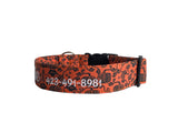 Whether choosing from a traditional dog collar, embroidered dog collar, or engraved buckle dog collar, you’ll find a great selection of personalized dog collars to choose from.  Duke & Fox® personalized dog collars come in a variety of unique styles and patterns. Our embroidered collars and engraved buckle collars also add to your dog's safety and your peace of mind with critical contact information should you and your dog get separated.  Fall orange vine pumpkins dog collar. 