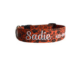 Whether choosing from a traditional dog collar, embroidered dog collar, or engraved buckle dog collar, you’ll find a great selection of personalized dog collars to choose from.  Duke & Fox® personalized dog collars come in a variety of unique styles and patterns. Our embroidered collars and engraved buckle collars also add to your dog's safety and your peace of mind with critical contact information should you and your dog get separated.  Fall orange vine pumpkins dog collar. 