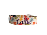 Whether choosing from a traditional dog collar, embroidered dog collar, or engraved buckle dog collar, you’ll find a great selection of personalized dog collars to choose from.  Duke & Fox® personalized dog collars come in a variety of unique styles and patterns. Our embroidered collars and engraved buckle collars also add to your dog's safety and your peace of mind with critical contact information should you and your dog get separated.  Fall leaves dog collar. 