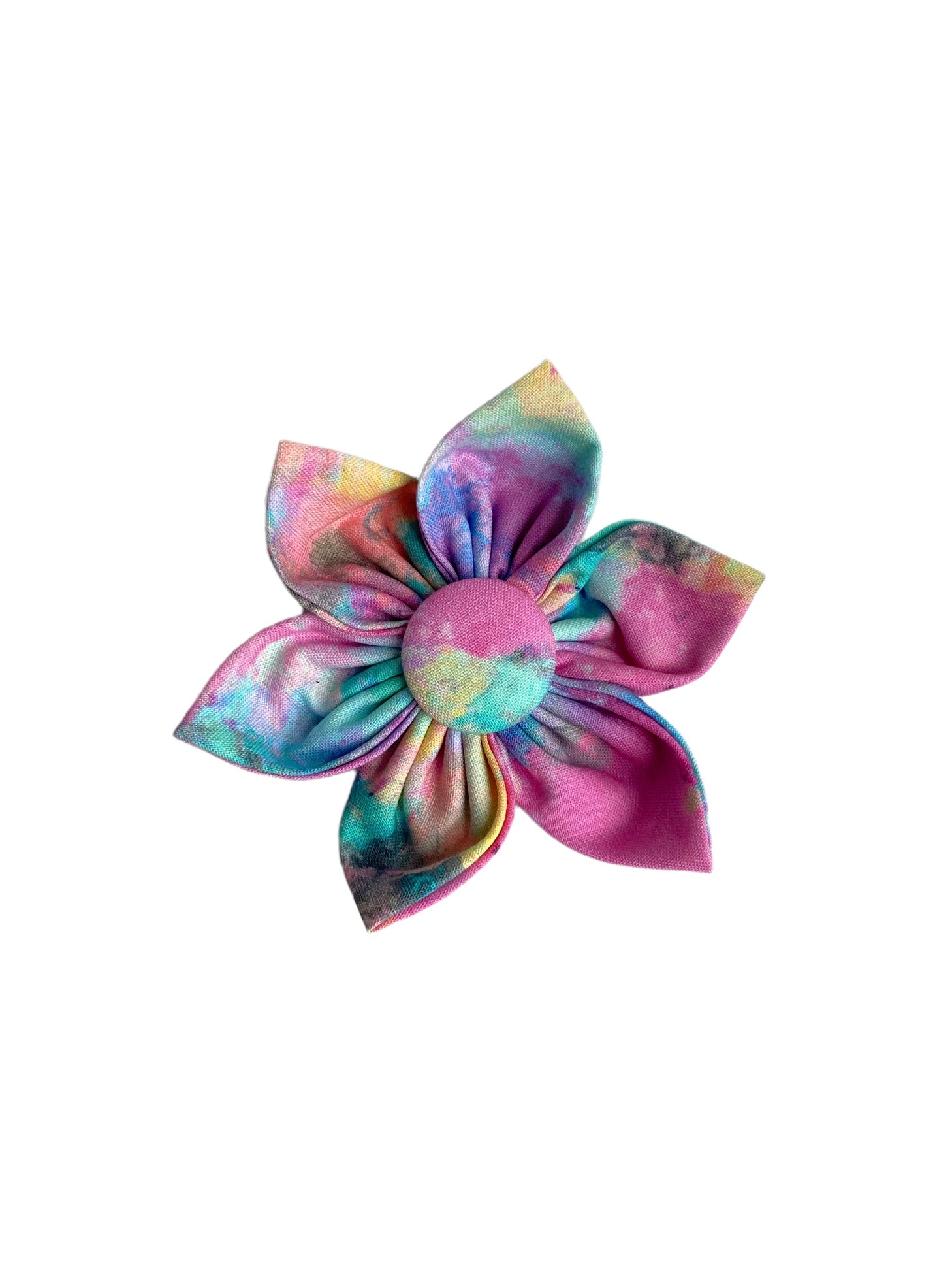 A flower designed to be put on your pups collar, featuring bold spring colors in a tie dye deign.