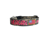 Whether choosing from a traditional dog collar, embroidered dog collar, or engraved buckle dog collar, you’ll find a great selection of personalized dog collars to choose from.  Duke & Fox® personalized dog collars come in a variety of unique styles and patterns. Our embroidered collars and engraved buckle collars also add to your dog's safety and your peace of mind with critical contact information should you and your dog get separated.  Tactical camouflage dog collar with American flag.