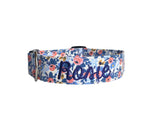 Whether choosing from a traditional dog collar, embroidered dog collar, or engraved buckle dog collar, you’ll find a great selection of personalized dog collars to choose from.  Duke & Fox® personalized dog collars come in a variety of unique styles and patterns. Our embroidered collars and engraved buckle collars also add to your dog's safety and your peace of mind with critical contact information should you and your dog get separated.  Cream floral dog collar. 