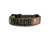 Whether choosing from a traditional dog collar, embroidered dog collar, or engraved buckle dog collar, you’ll find a great selection of personalized dog collars to choose from.  Duke & Fox® personalized dog collars come in a variety of unique styles and patterns. Our embroidered collars and engraved buckle collars also add to your dog's safety and your peace of mind with critical contact information should you and your dog get separated.  Tactical camouflage dog collar with American flag. 