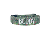 Whether choosing from a traditional dog collar, embroidered dog collar, or engraved buckle dog collar, you’ll find a great selection of personalized dog collars to choose from.  Duke & Fox® personalized dog collars come in a variety of unique styles and patterns. Our embroidered collars and engraved buckle collars also add to your dog's safety and your peace of mind with critical contact information should you and your dog get separated.  Christmas mistletoe dog collar. 