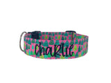 Whether choosing from a traditional dog collar, embroidered dog collar, or engraved buckle dog collar, you’ll find a great selection of personalized dog collars to choose from.  Duke & Fox® personalized dog collars come in a variety of unique styles and patterns. Our embroidered collars and engraved buckle collars also add to your dog's safety and your peace of mind with critical contact information should you and your dog get separated.  Hot pink Christmas trees dog collar. 