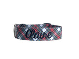 Whether choosing from a traditional dog collar, embroidered dog collar, or engraved buckle dog collar, you’ll find a great selection of personalized dog collars to choose from.  Duke & Fox® personalized dog collars come in a variety of unique styles and patterns. Our embroidered collars and engraved buckle collars also add to your dog's safety and your peace of mind with critical contact information should you and your dog get separated.  Christmas white and red tartan dog collar. 