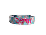 Whether choosing from a traditional dog collar, embroidered dog collar, or engraved buckle dog collar, you’ll find a great selection of personalized dog collars to choose from.  Duke & Fox® personalized dog collars come in a variety of unique styles and patterns. Our embroidered collars and engraved buckle collars also add to your dog's safety and your peace of mind with critical contact information should you and your dog get separated.  Rainbow plaid dog collar. 