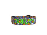 Whether choosing from a traditional dog collar, embroidered dog collar, or engraved buckle dog collar, you’ll find a great selection of personalized dog collars to choose from.  Duke & Fox® personalized dog collars come in a variety of unique styles and patterns. Our embroidered collars and engraved buckle collars also add to your dog's safety and your peace of mind with critical contact information should you and your dog get separated.  Halloween dog collar. Pumpkins and skulls dog collar. 