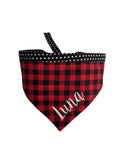 A personalized bandana by Duke & Fox is the perfect pet accessory that is customized with the pet's name. Bandanas that are double sided for more options. Buffalo plaid embroidered dog bandana. 
