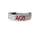 Duke & Fox Personalized Valetines Dog Collar with an embroidered name on a beige pattern with mini love letters. 