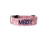 Whether choosing from a traditional dog collar, embroidered dog collar, or engraved buckle dog collar, you’ll find a great selection of personalized dog collars to choose from.  Duke & Fox® personalized dog collars come in a variety of unique styles and patterns. Our embroidered collars and engraved buckle collars also add to your dog's safety and your peace of mind with critical contact information should you and your dog get separated.  Pink chevron dog collar. 
