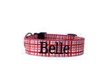 Whether choosing from a traditional dog collar, embroidered dog collar, or engraved buckle dog collar, you’ll find a great selection of personalized dog collars to choose from.  Duke & Fox® personalized dog collars come in a variety of unique styles and patterns. Our embroidered collars and engraved buckle collars also add to your dog's safety and your peace of mind with critical contact information should you and your dog get separated.  Valentine's Day pink plaid dog collar. 