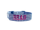 Whether choosing from a traditional dog collar, embroidered dog collar, or engraved buckle dog collar, you’ll find a great selection of personalized dog collars to choose from.  Duke & Fox® personalized dog collars come in a variety of unique styles and patterns. Our embroidered collars and engraved buckle collars also add to your dog's safety and your peace of mind with critical contact information should you and your dog get separated.  Black and white houndstooth dog collar. 
