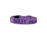 Whether choosing from a traditional dog collar, embroidered dog collar, or engraved buckle dog collar, you’ll find a great selection of personalized dog collars to choose from.  Duke & Fox® personalized dog collars come in a variety of unique styles and patterns. Our embroidered collars and engraved buckle collars also add to your dog's safety and your peace of mind with critical contact information should you and your dog get separated.  Solid lavender embroidered dog collar. 