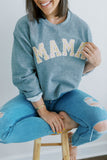 Mama Sweatshirt. Gifts for Mom. Gifts for Her. Heather gray sweathshirt with Mama applique design. 