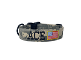 Tactical Dog Collar with embroidered name and american flag. Army camo dog collar. Personalized Tactical Dog Collar by Duke & Fox