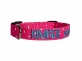 Personalized Dog Collar by Duke & Fox. Pink Polka Dot Dog Collar with Turquoise name. Embroidered Dog Collar. Custom Dog Collar.