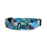 Personalized Dog Collar by Duke & Fox. Custom Dog Collar. Embroidered Dog Collar with name. Madras Plaid Dog collar with navy embroidered name.