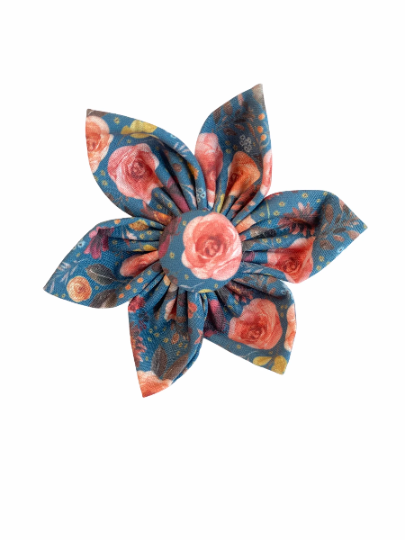Dog Collar Accessory. Dog Collar Flower. Dog Collar Rose. Deep blue with vibrant pink florals.