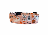 Personalized Dog Collar by Duke & Fox. Pink Halloween dog collar with ghosts, pumpkins, bones, leaves, skulls, black birds, and candy corns. Embroidered Dog Collar, Custom Dog Collar. 