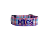Plaid Dog Collar with an embroidered name. Personalized dog collar by Duke & Fox. Pink and blue plaid collar. Madras plaid collar with name and phone. 