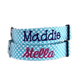 Personalized Dog Collar. Aqua and white polka dot collar with embroidered name. Embroidered dog collar. Custom dog collar with embroidered name.