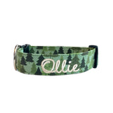Christmas Tree Dog Collar, Tree Dog Collar, Mountain Dog Collar, Embroidered dog Collar with cream lettering and a green tree pattern. Custom Dog Collar by Duke & Fox.