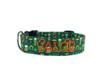 Whether choosing from a traditional dog collar, embroidered dog collar, or engraved buckle dog collar, you’ll find a great selection of personalized dog collars to choose from.  Duke & Fox® personalized dog collars come in a variety of unique styles and patterns. Our embroidered collars and engraved buckle collars also add to your dog's safety and your peace of mind with critical contact information should you and your dog get separated.  St. Patrick's Day beer and beards dog collar. 