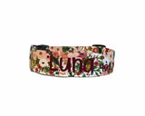 Rifle Paper Co. Dog Collar. Personalized Dog Collar. Custom Dog Collar. Embroidered Dog Collar. Floral Dog Collar with pink and burgundy flowers and an embroidered name and phone number in burgundy thread.