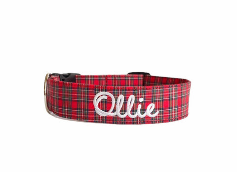 Custom Christmas Dog Collar With Flower, Plaid Dog Collars